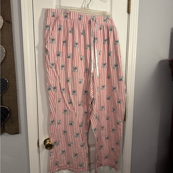 Pink Striped Pajama Pants with Frenchie Bulldog Print - Picture 1 of 3